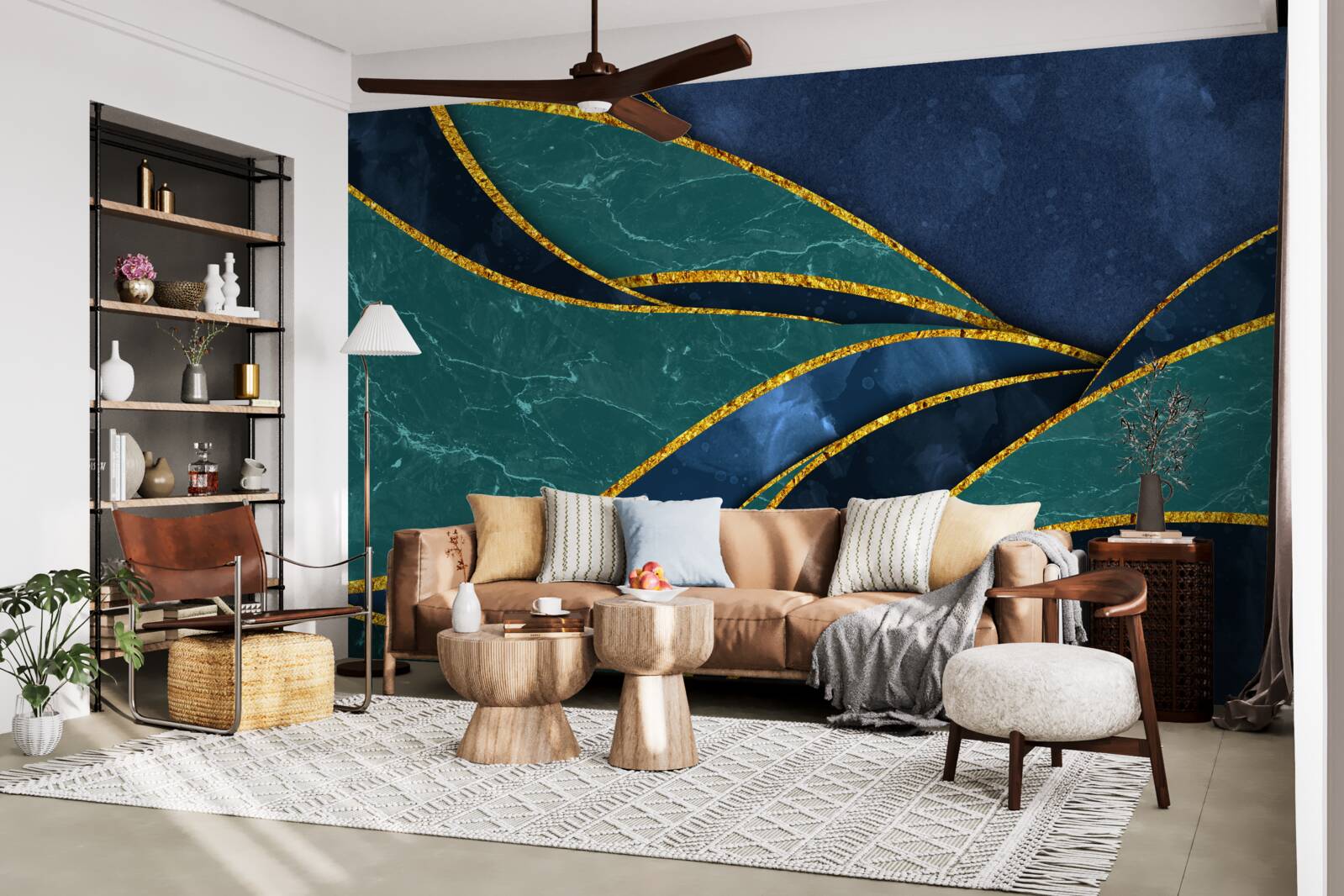 Фотошпалери смарагдові лінії витончено вигнуті на блакитному тлі