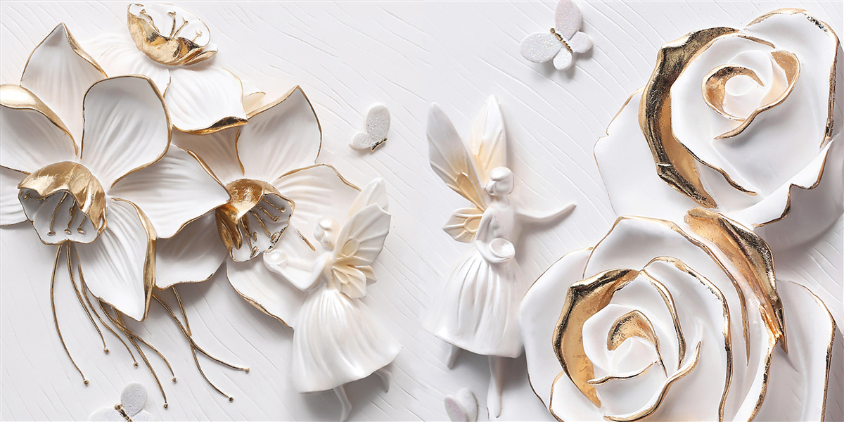 Фотошпалери метелики та золото на тлі білих квітів