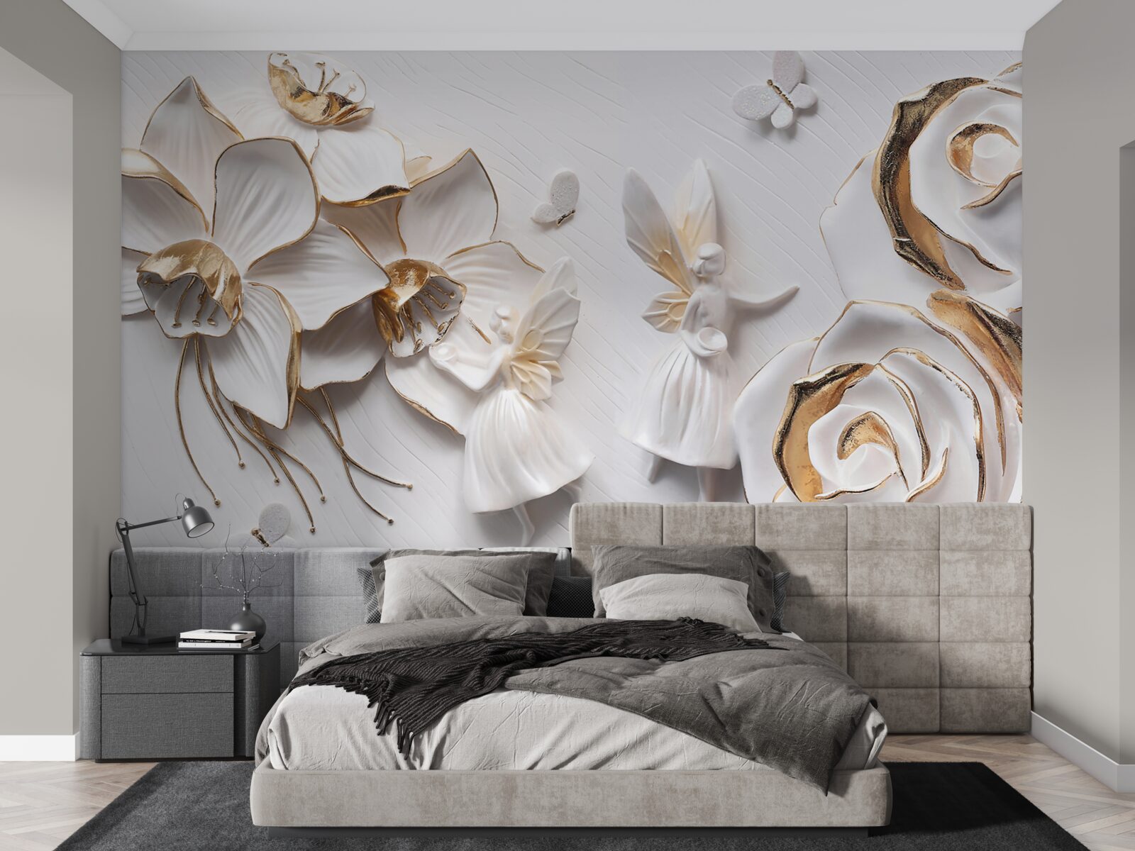 Фотошпалери метелики та золото на тлі білих квітів