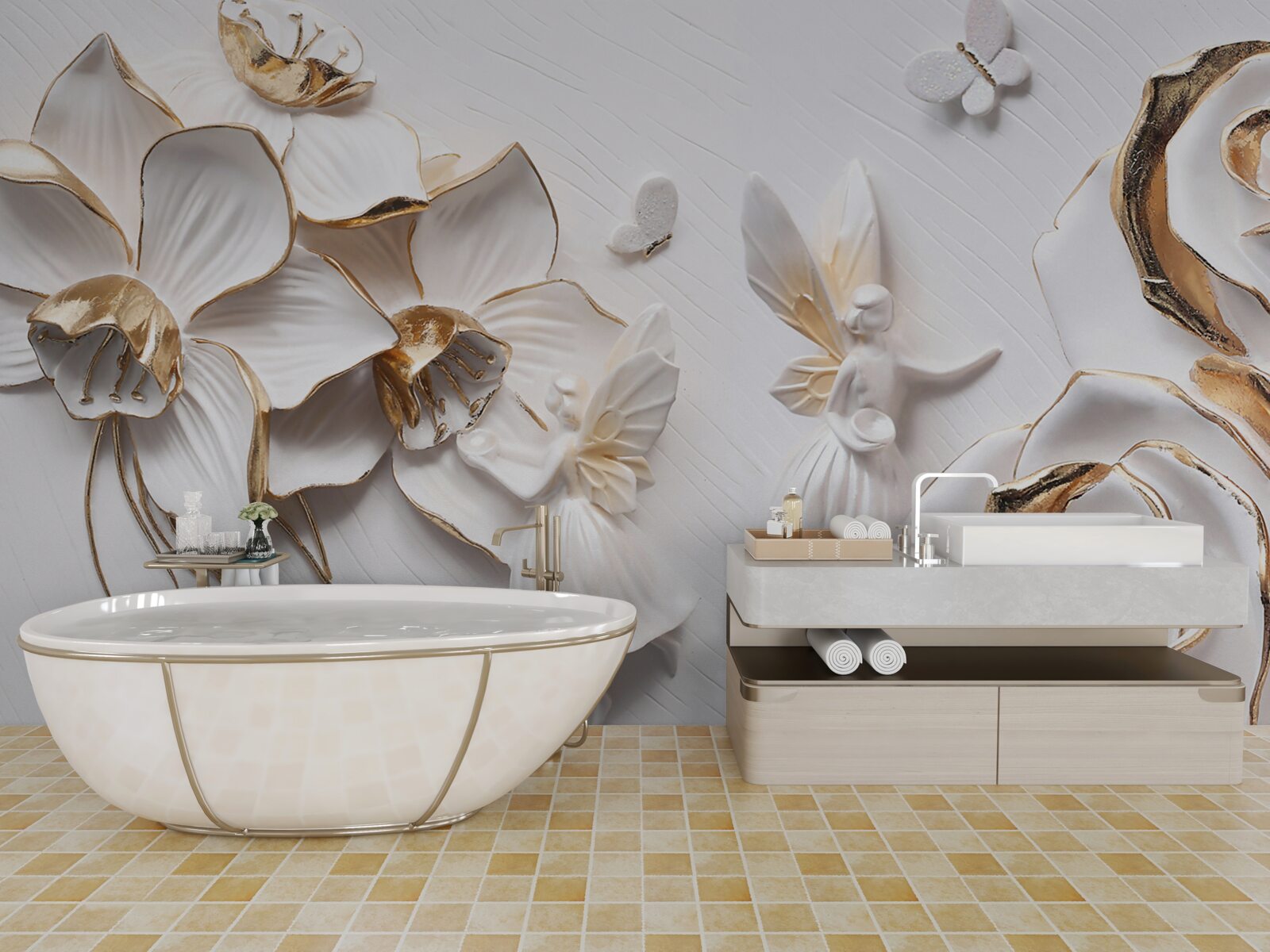 Фотошпалери метелики та золото на тлі білих квітів