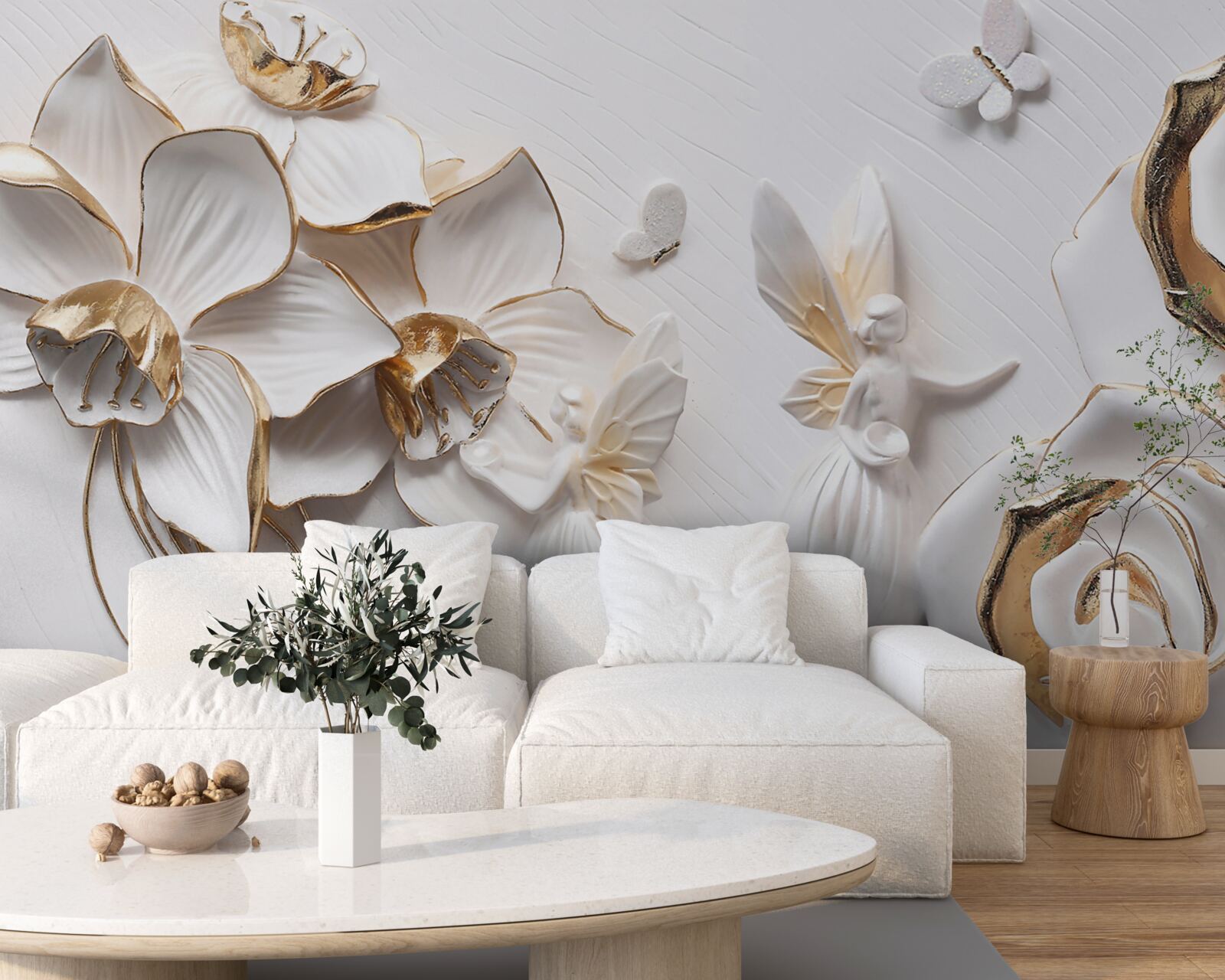 Фотошпалери метелики та золото на тлі білих квітів