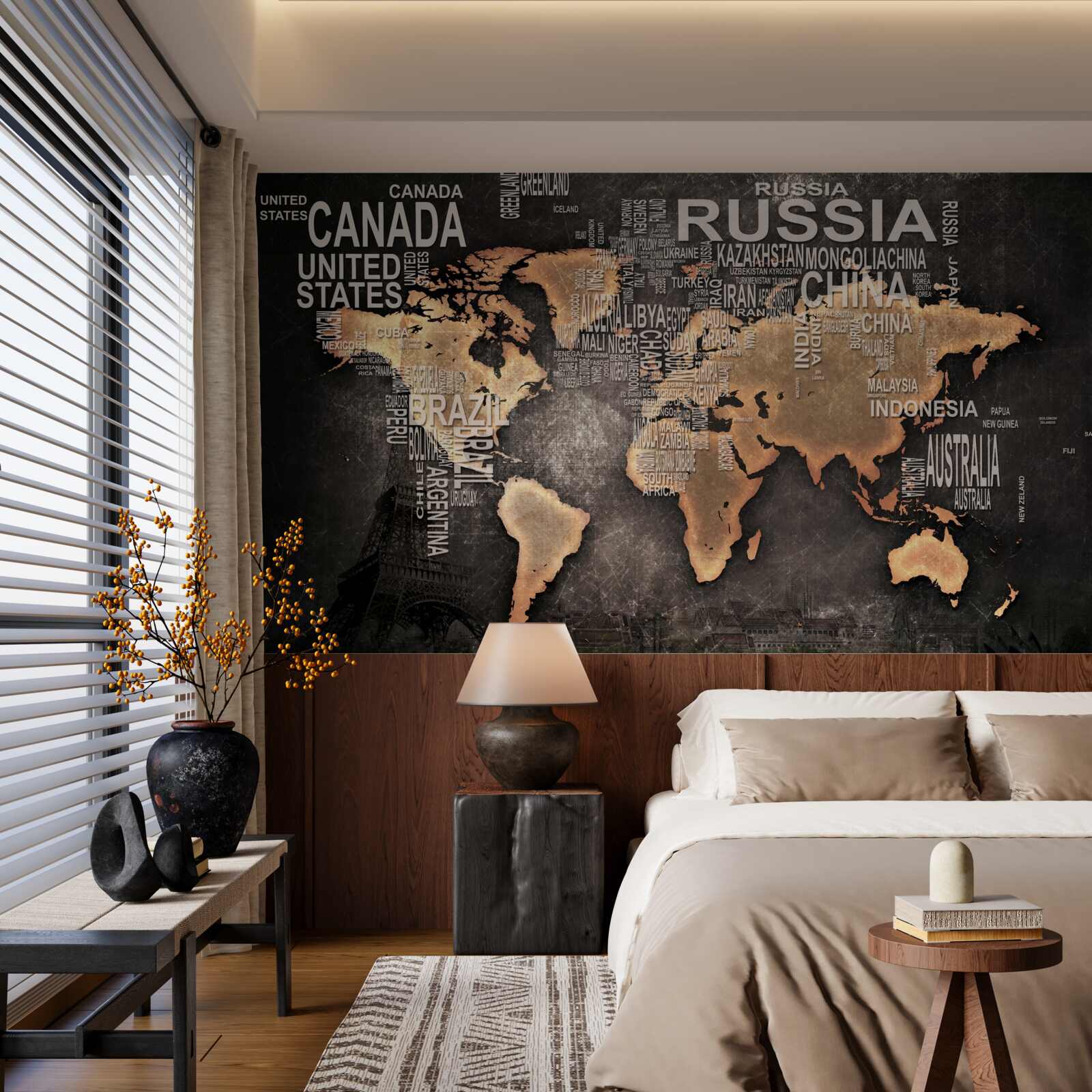 Fototapeta mapa świata w ciemnych kolorach ze wskazaniem nazw największych stanów