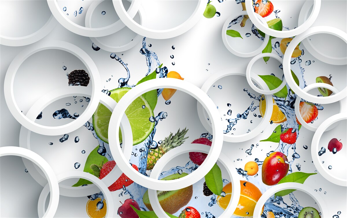 Фотошпалери круглі краплі води на літніх фруктах