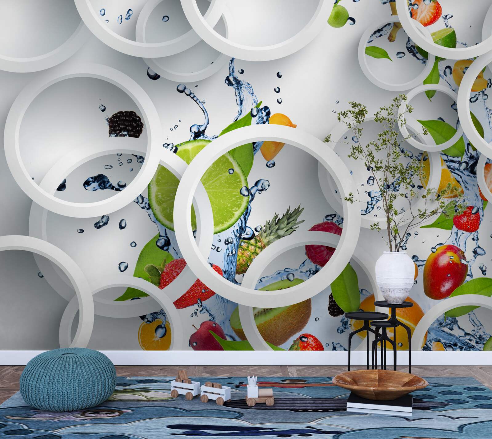 Фотошпалери круглі краплі води на літніх фруктах