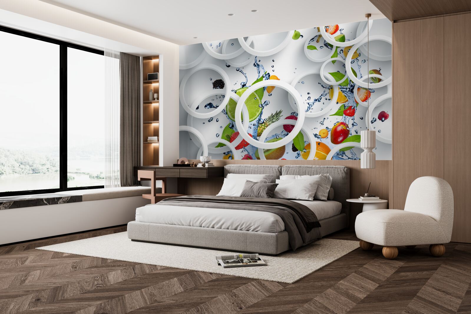 Фотошпалери круглі краплі води на літніх фруктах