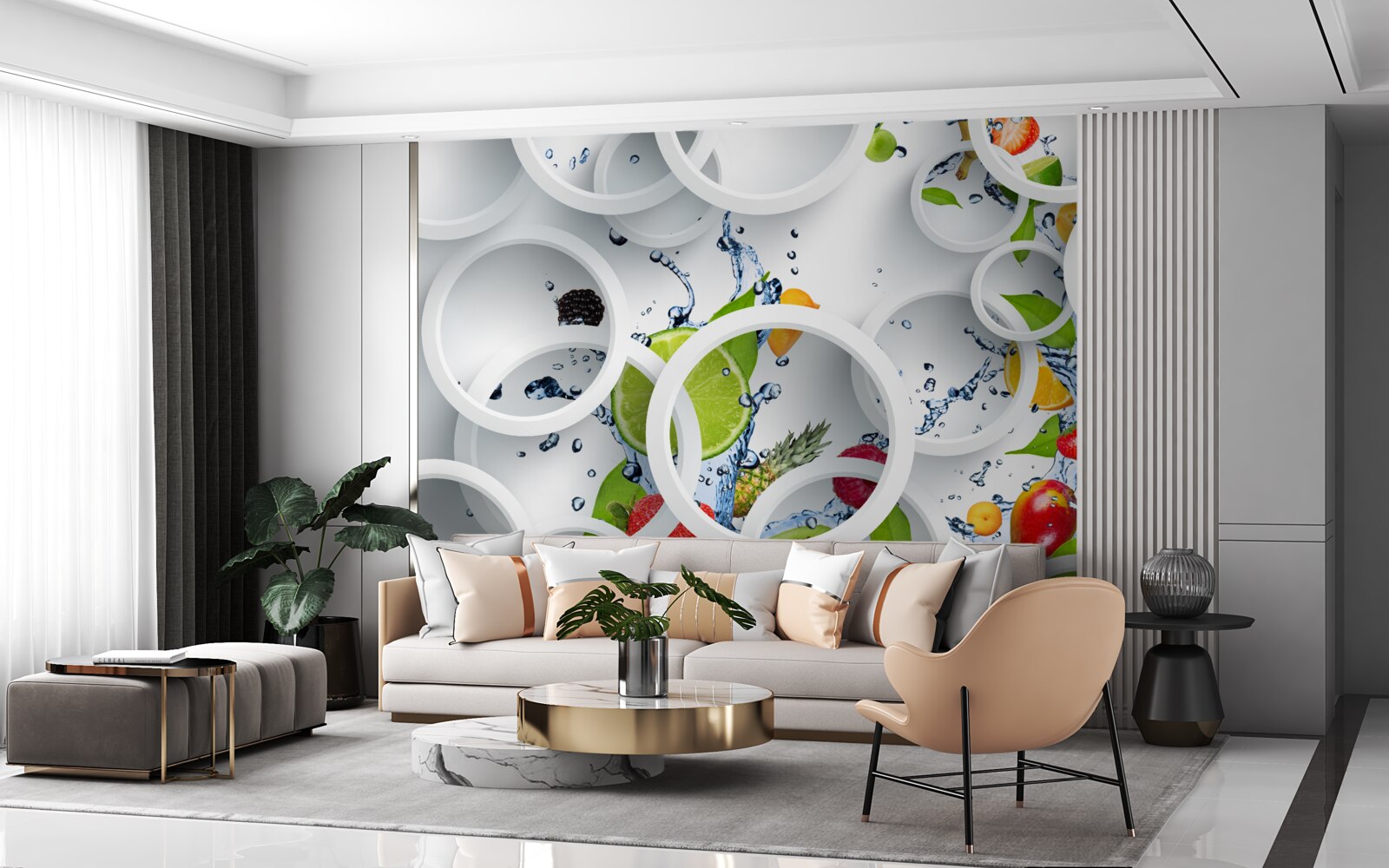 Фотошпалери круглі краплі води на літніх фруктах