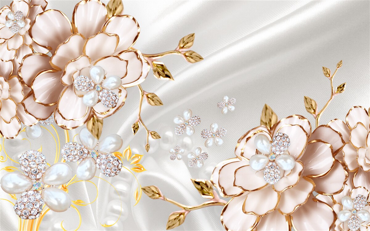 Фотошпалери півонії, інкрустовані перлами в золотистих відтінках