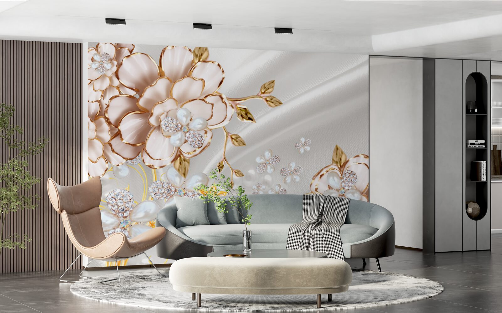 Фотошпалери півонії, інкрустовані перлами в золотистих відтінках