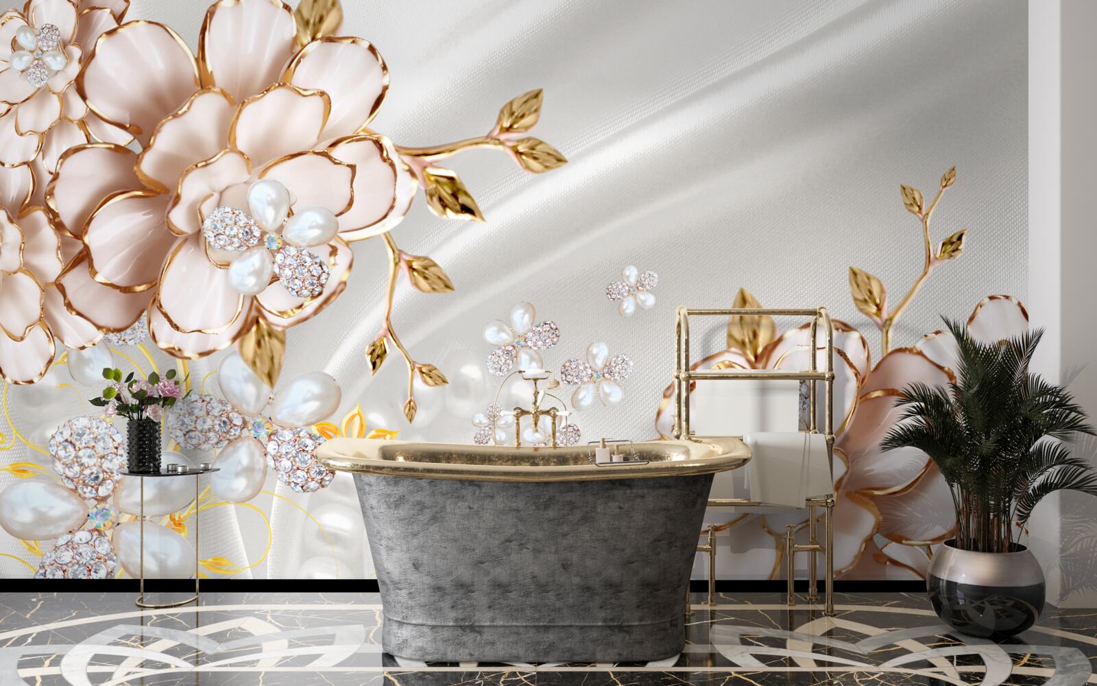 Фотошпалери півонії, інкрустовані перлами в золотистих відтінках