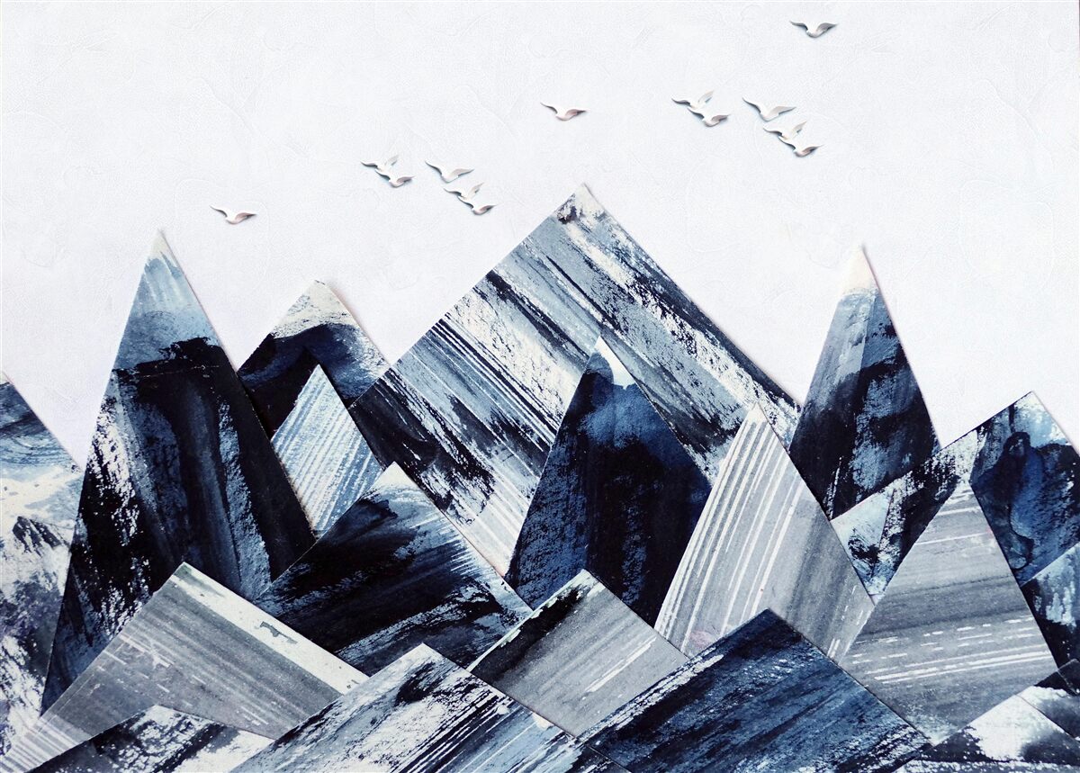 Фотошпалери гірська вершина під крилами птахів