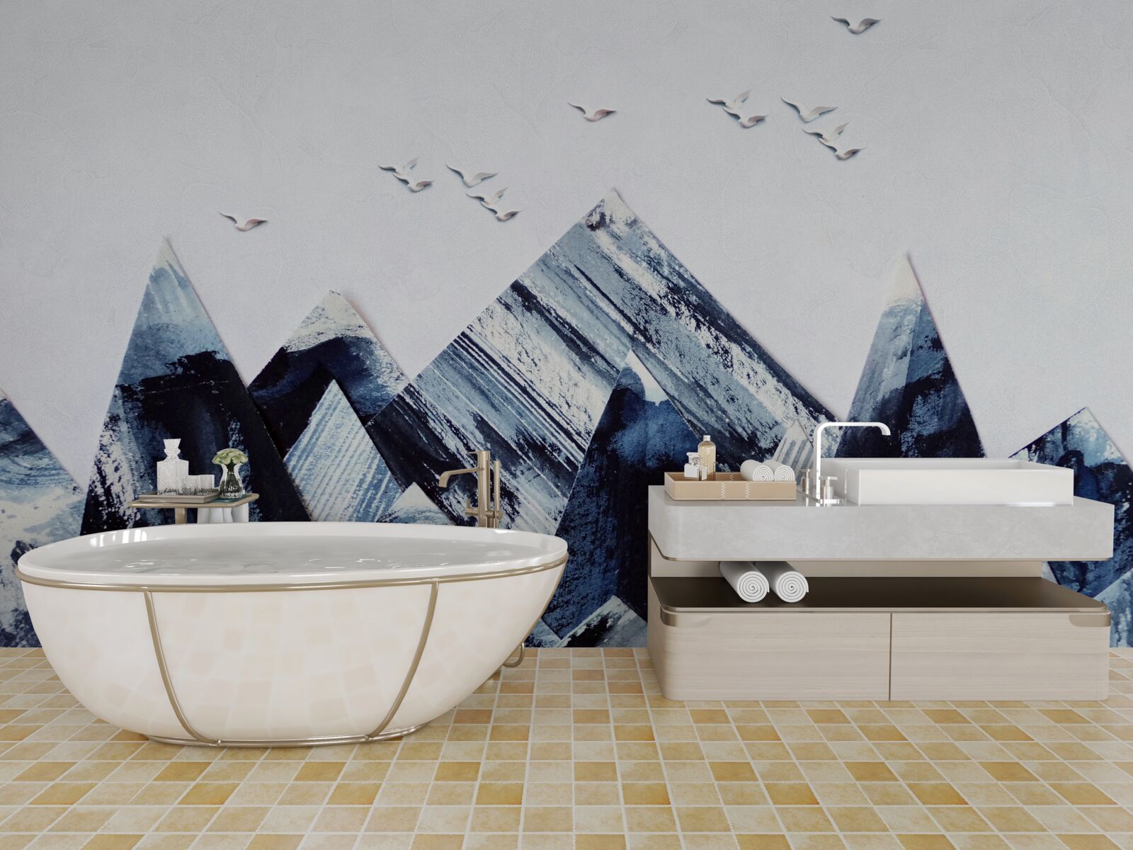 Фотошпалери гірська вершина під крилами птахів