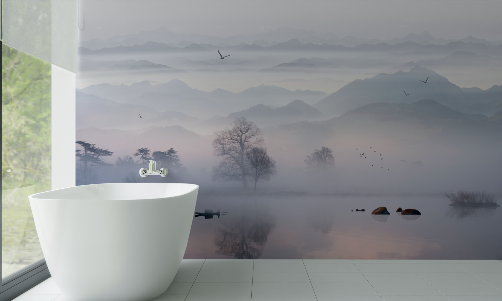 Фотошпалери ранковий туман над озерною водою