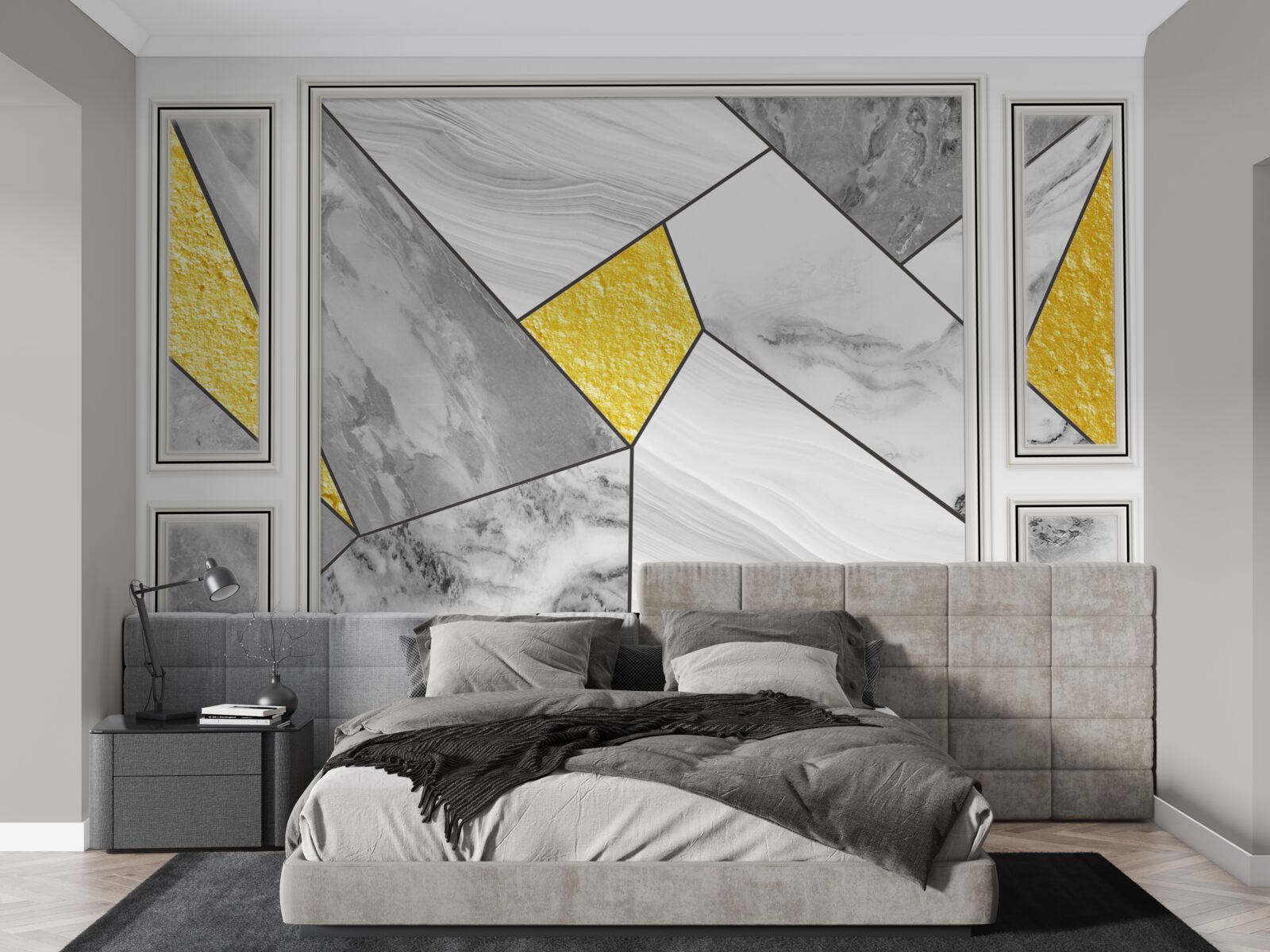 Фотошпалери сіра мозаїка з золотими елементами