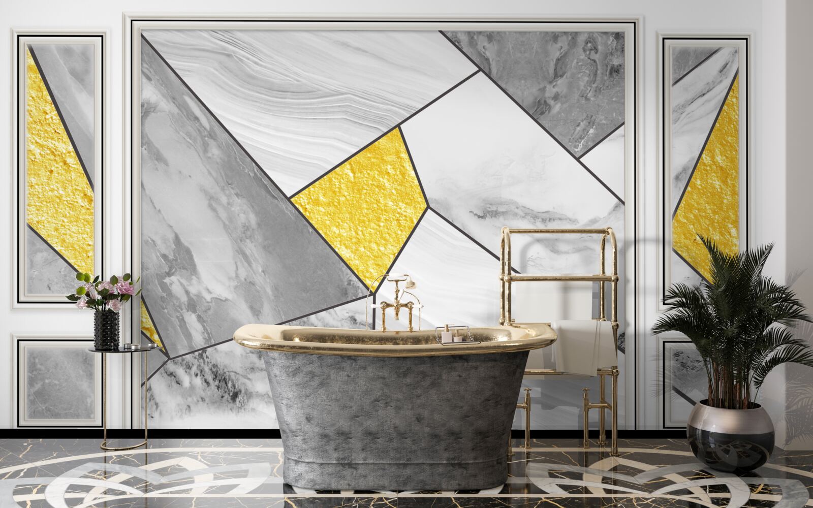 Фотошпалери сіра мозаїка з золотими елементами