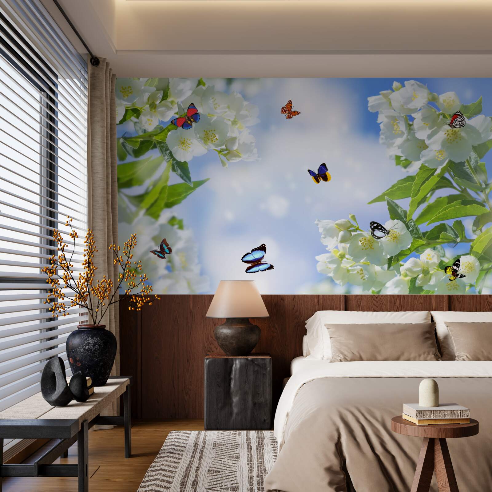 Фотошпалери різнокольорові метелики та білосніжні квіти