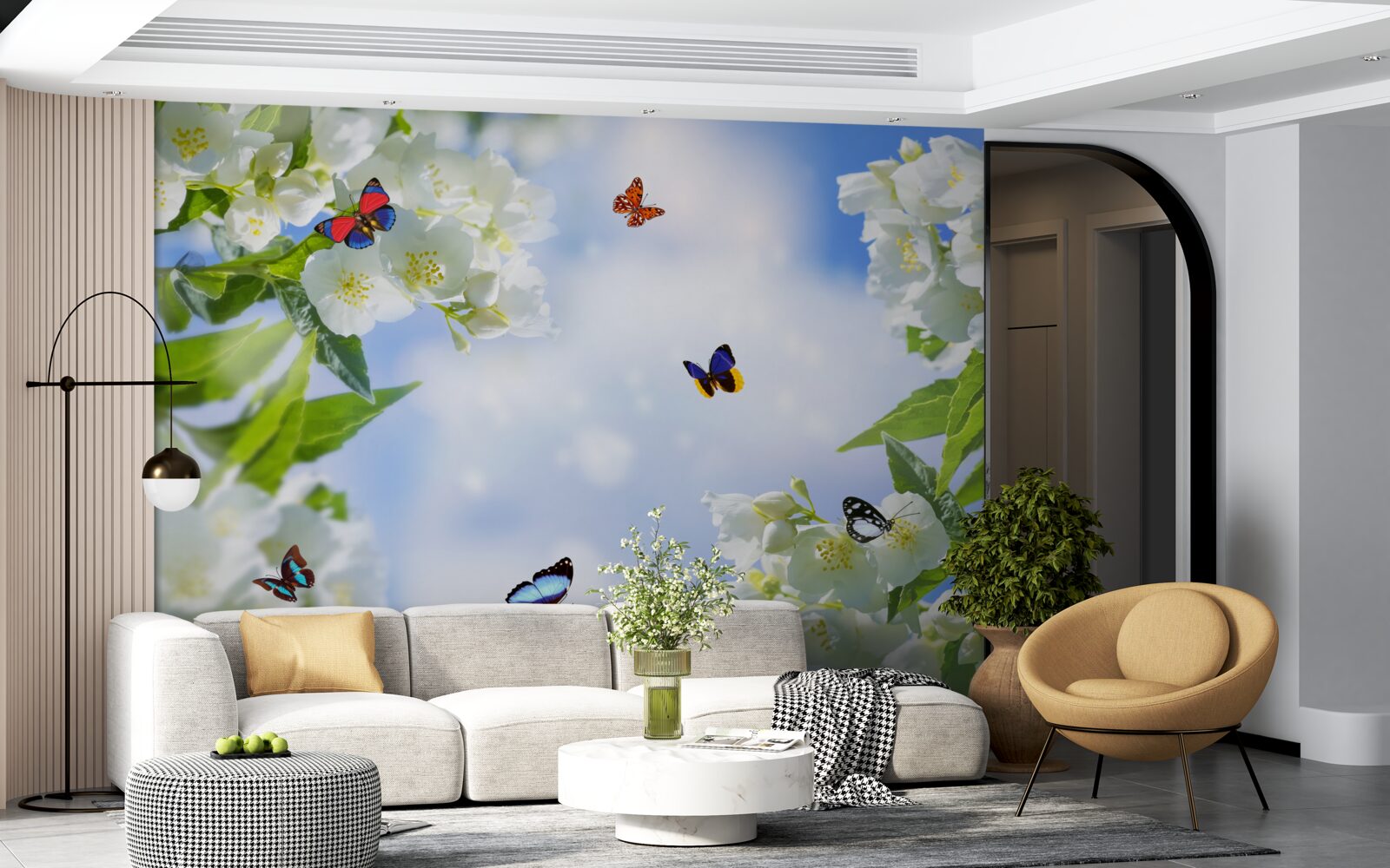 Фотошпалери різнокольорові метелики та білосніжні квіти