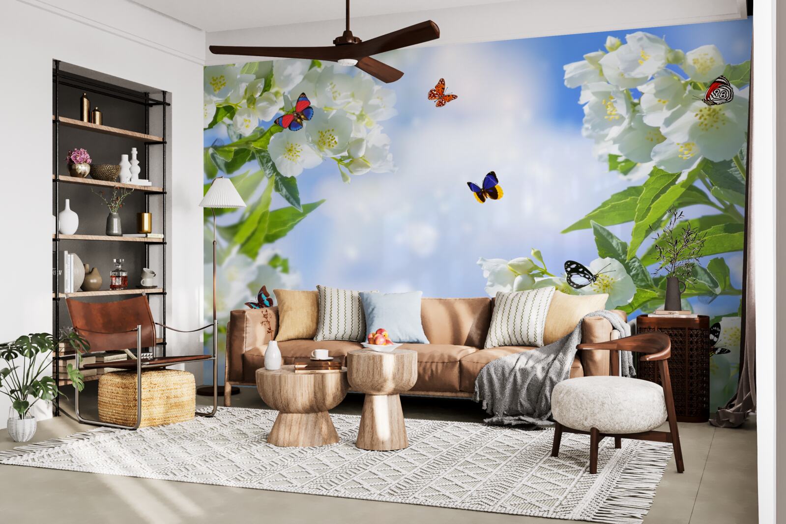 Фотошпалери різнокольорові метелики та білосніжні квіти