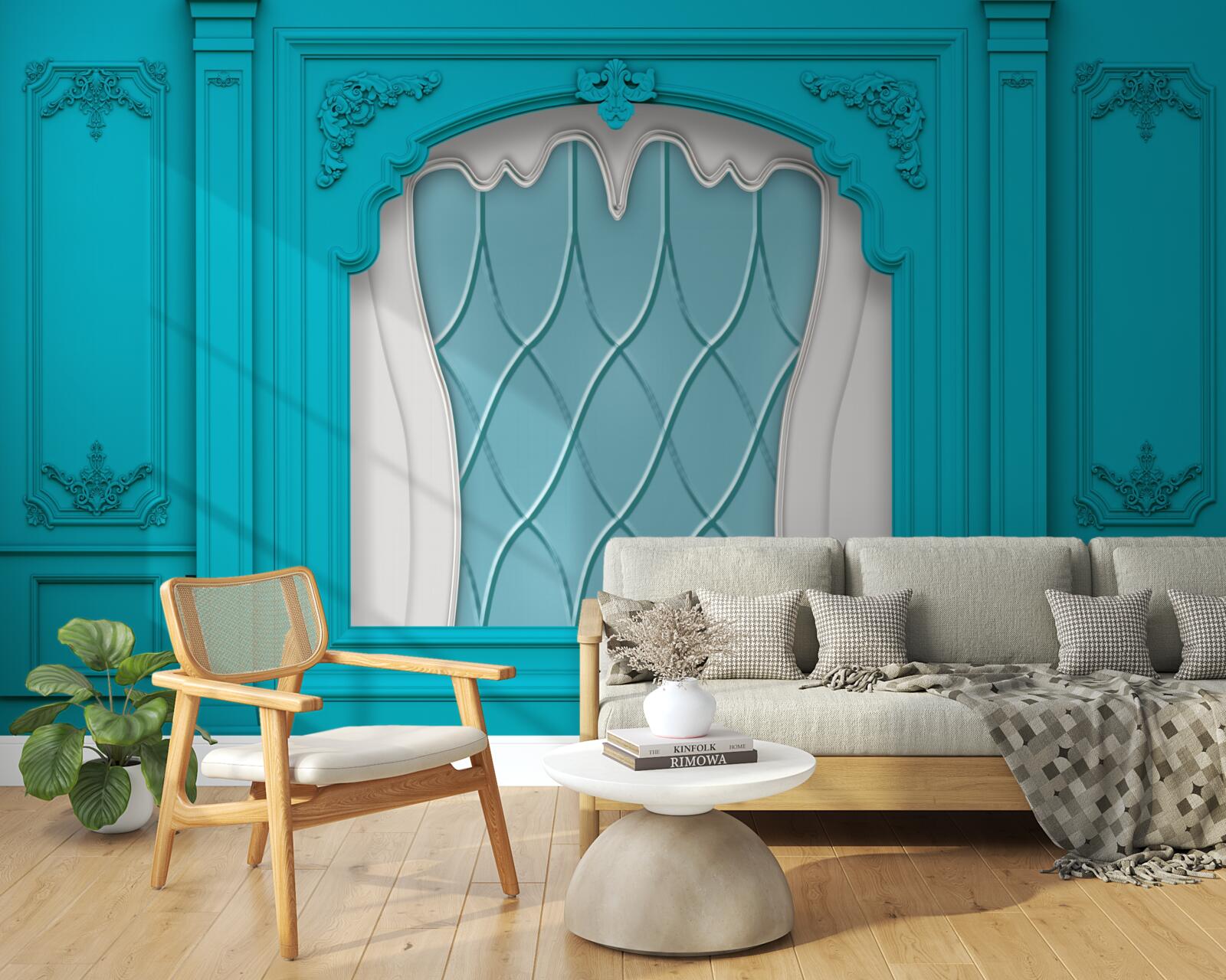 Фотошпалери вікно з блакитним вітражем