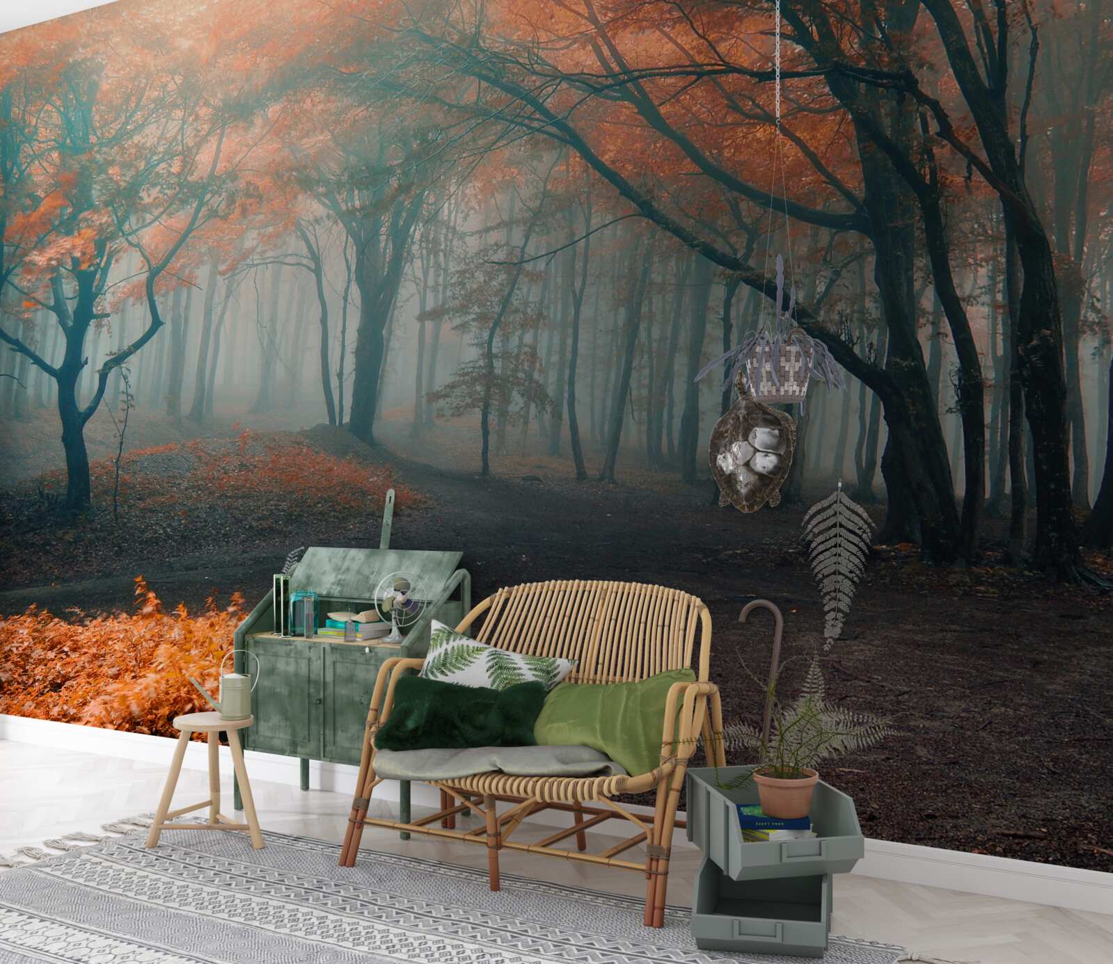 Фотошпалери Шлях через осінній ліс, оповитий туманом