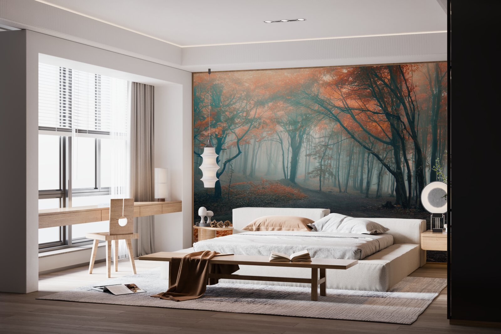 Фотошпалери Шлях через осінній ліс, оповитий туманом