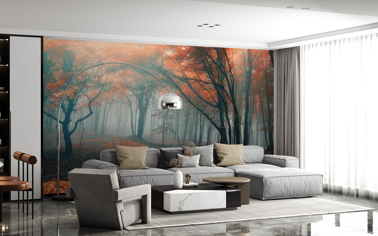 Фотошпалери Шлях через осінній ліс, оповитий туманом