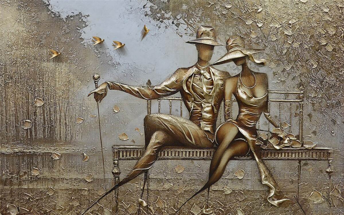 Фотошпалери молоді закохані на лавці під час зливи