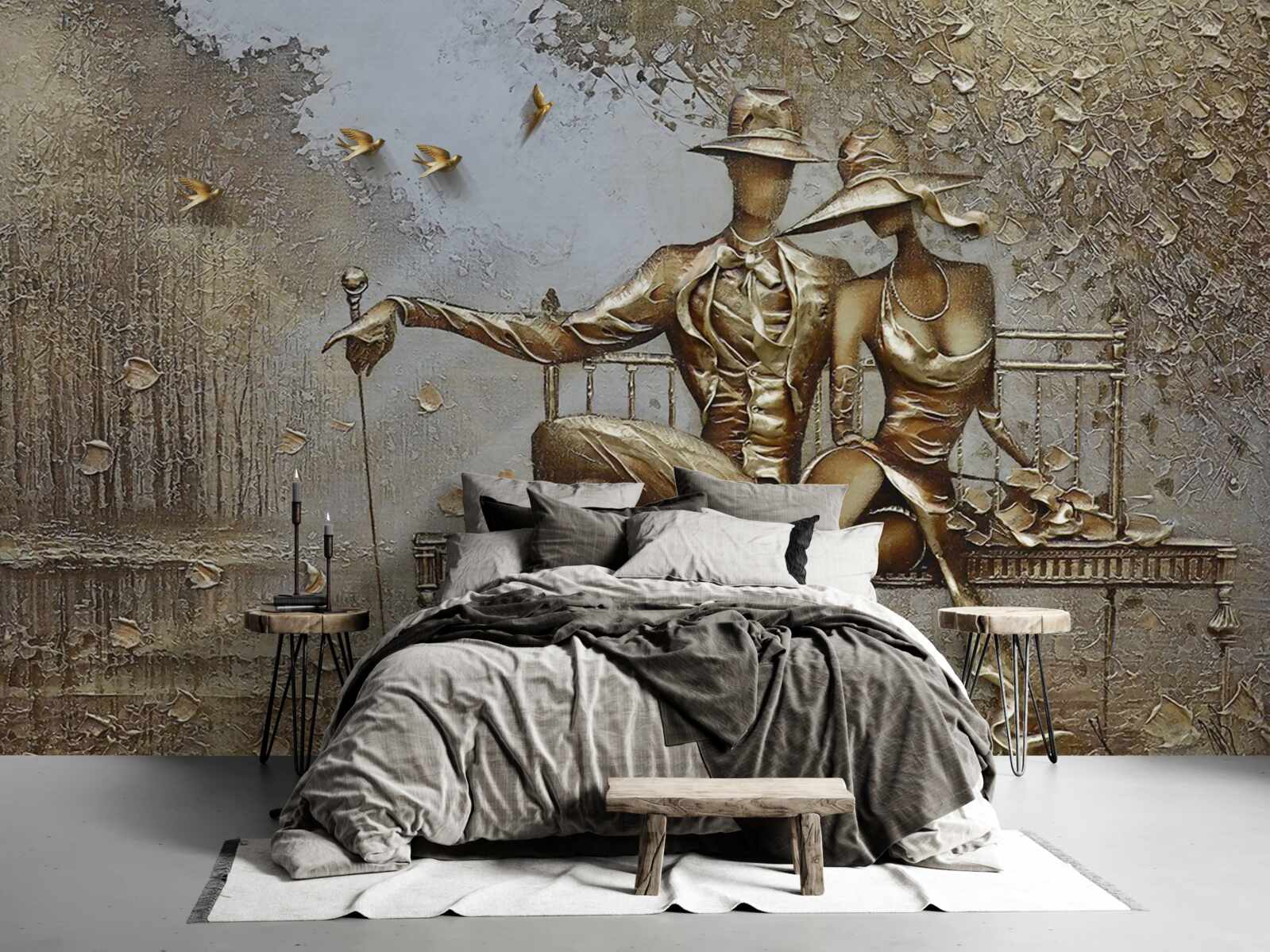 Фотошпалери молоді закохані на лавці під час зливи