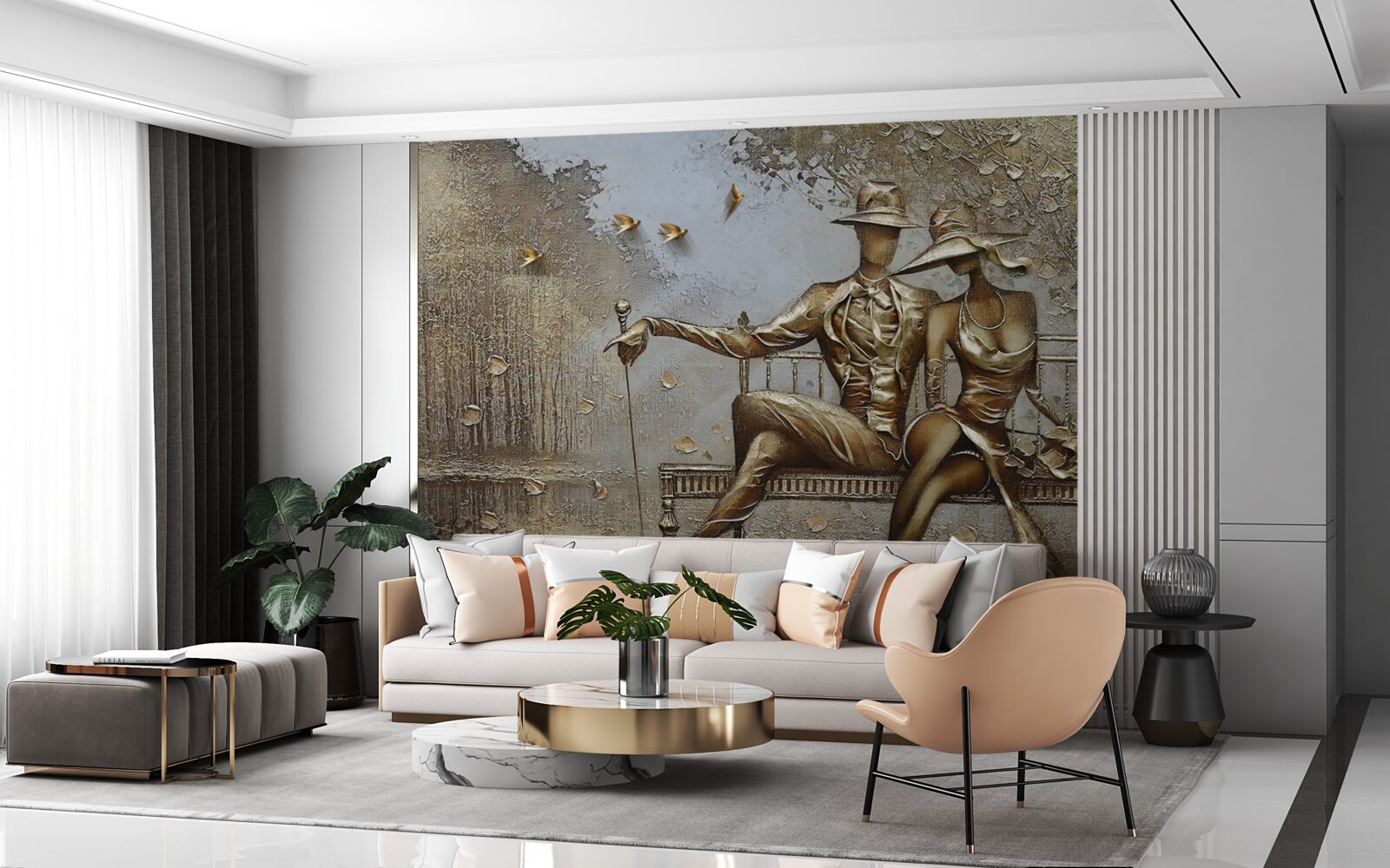 Фотошпалери молоді закохані на лавці під час зливи