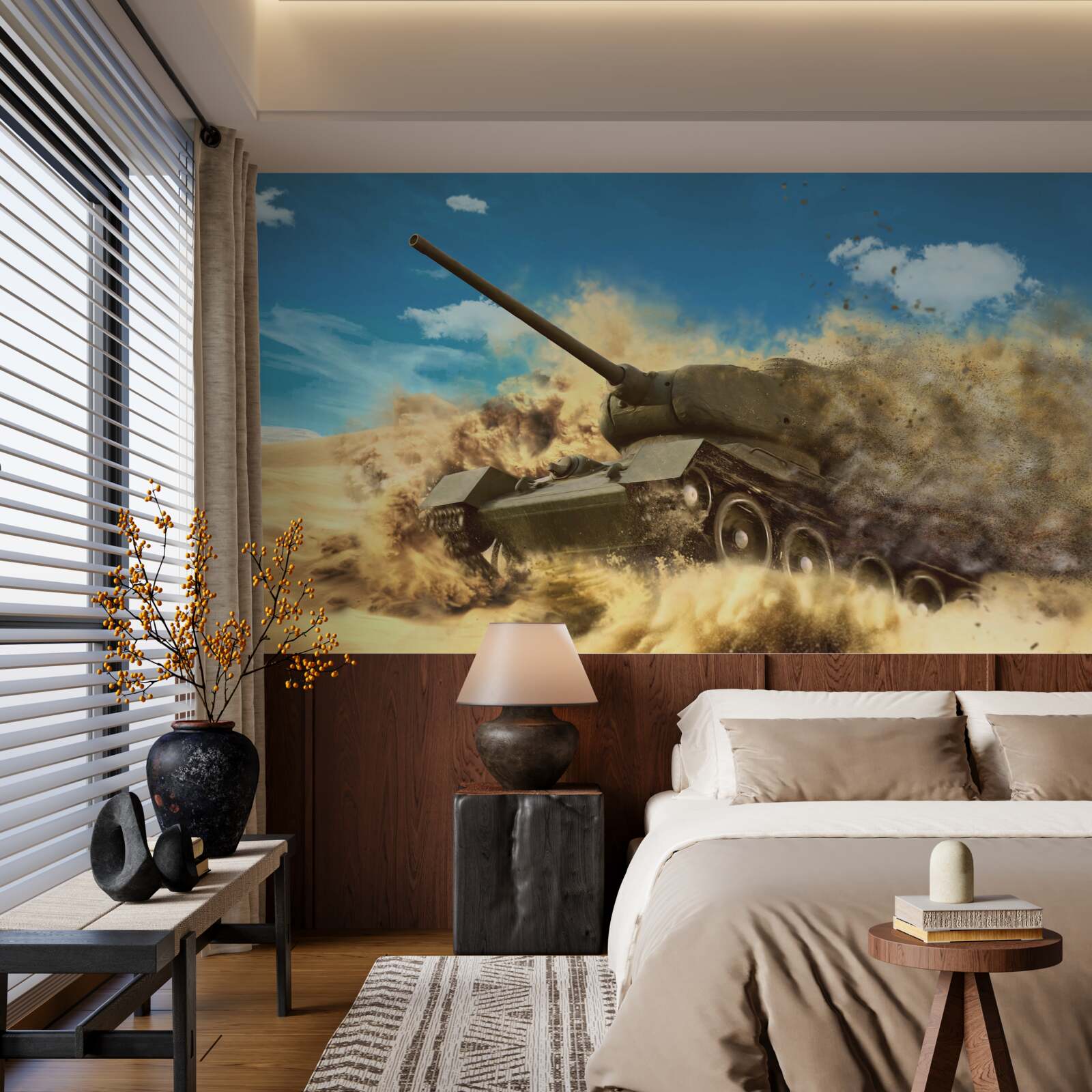 Фотошпалери танк рухається по піщаній поверхні