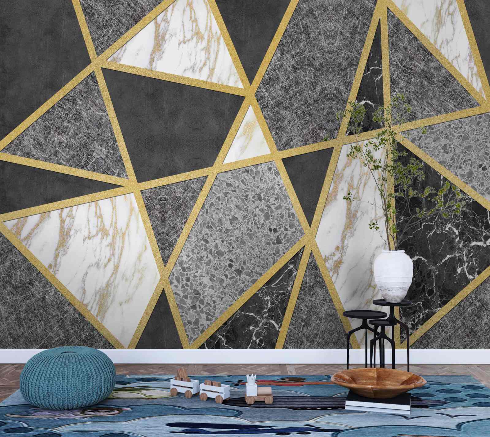 Фотошпалери чорно-біла мозаїка з золотими акцентами