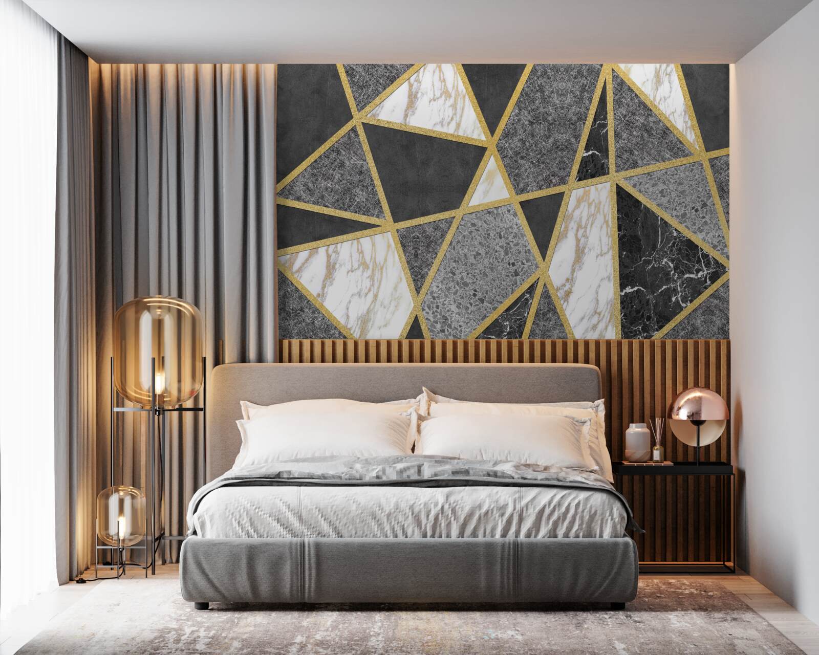 Фотошпалери чорно-біла мозаїка з золотими акцентами