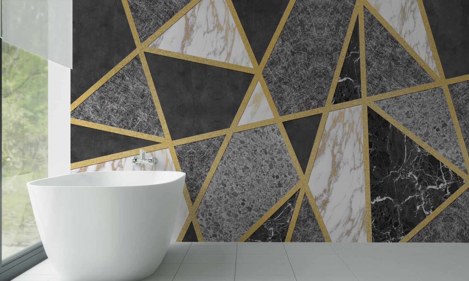 Фотошпалери чорно-біла мозаїка з золотими акцентами