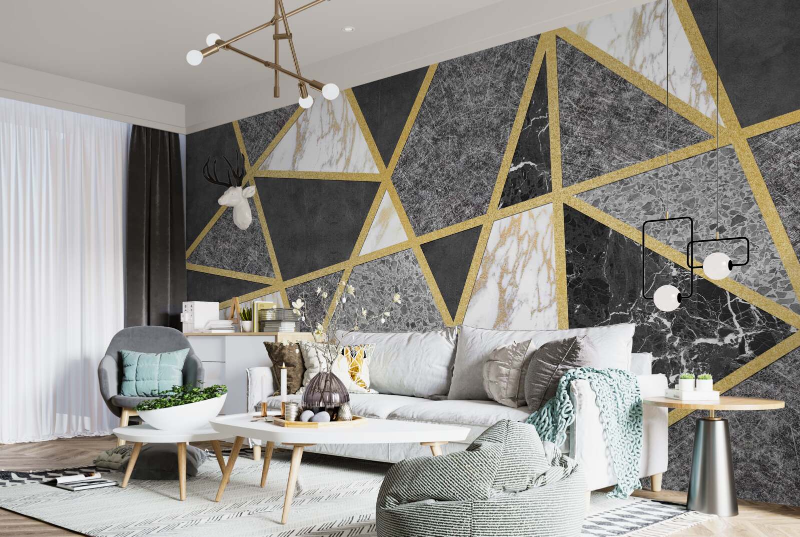 Фотошпалери чорно-біла мозаїка з золотими акцентами