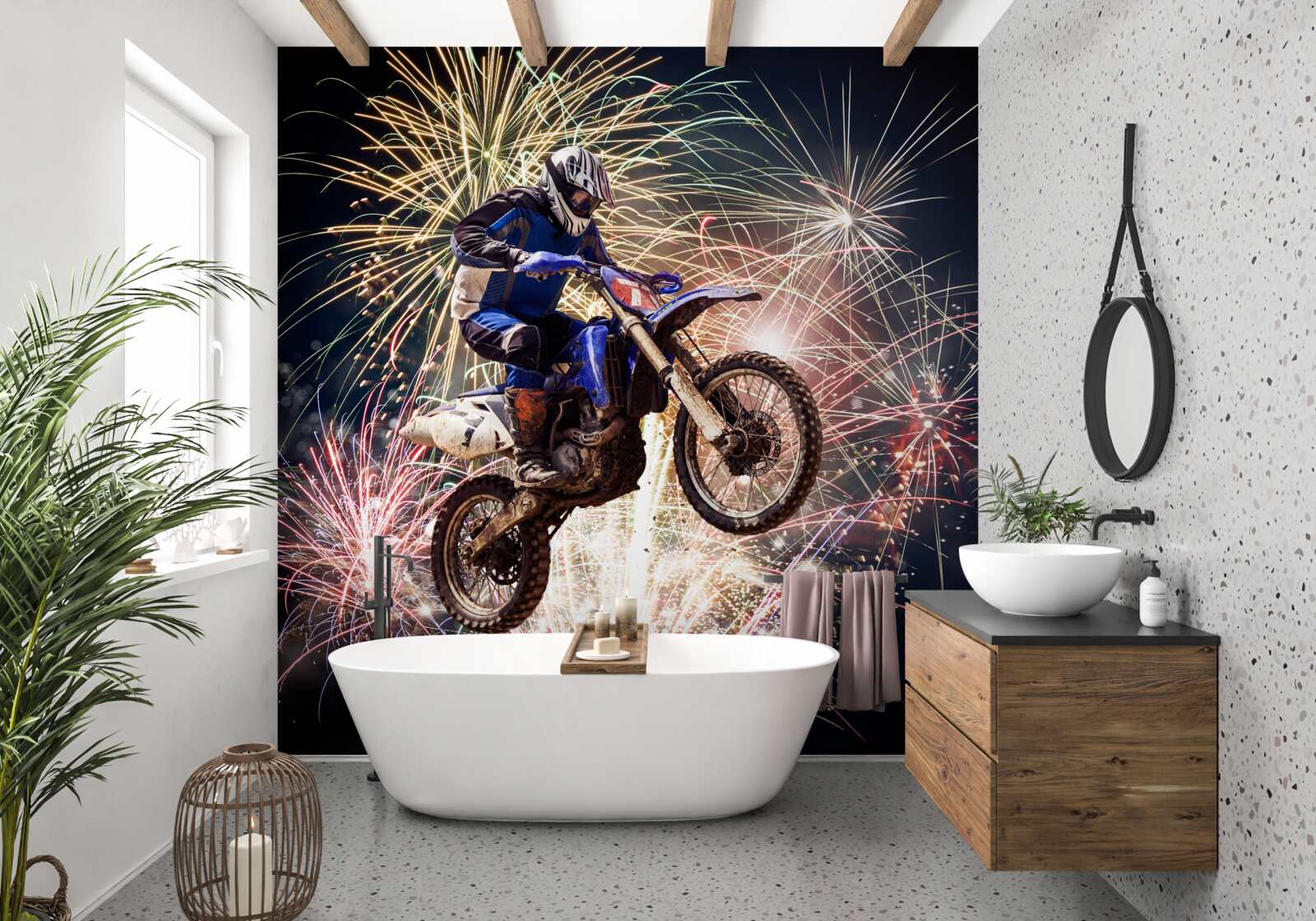 Фотошпалери велосипедист на тлі феєрверку