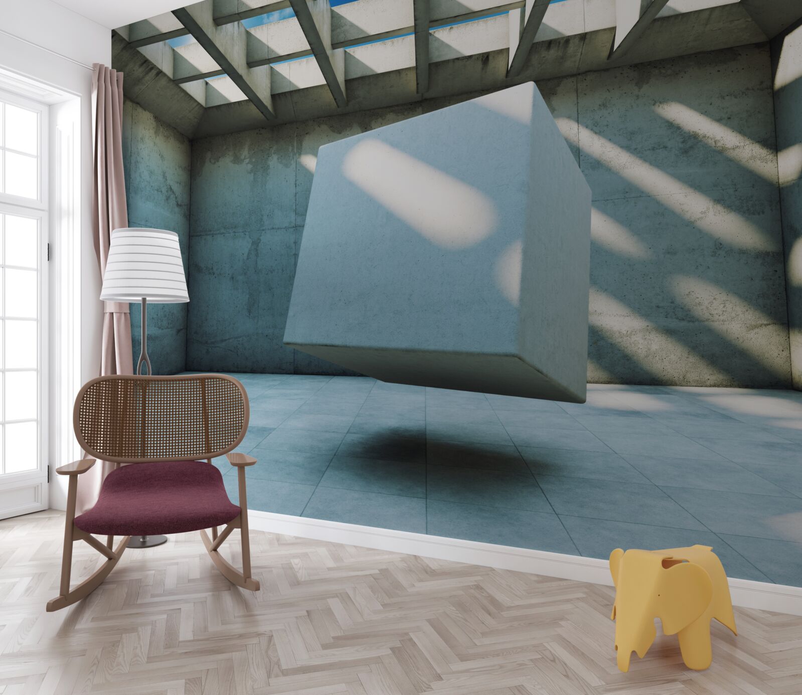 Фотошпалери 3d куб, що плаває в освітленій кімнаті