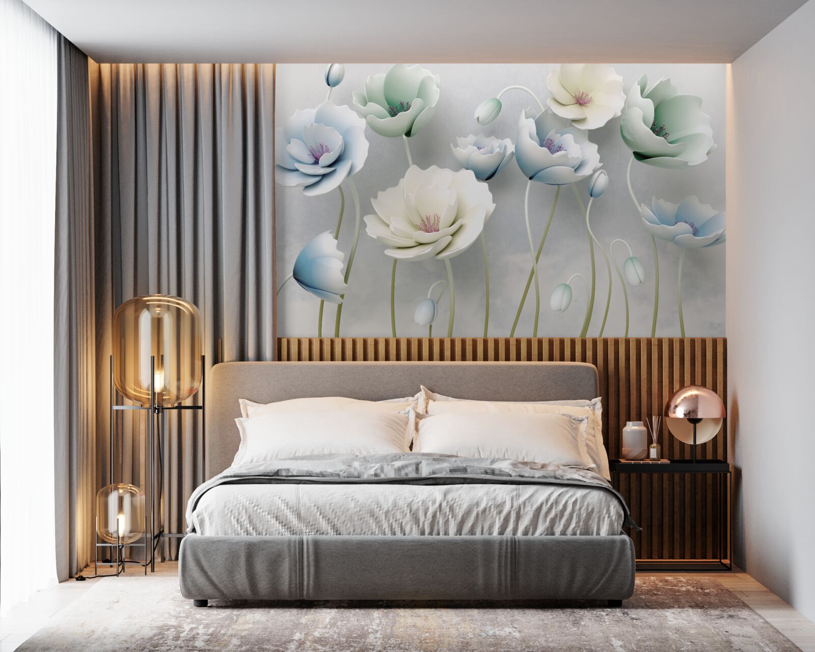 Фотошпалери краплі води на струнких маках різних відтінків