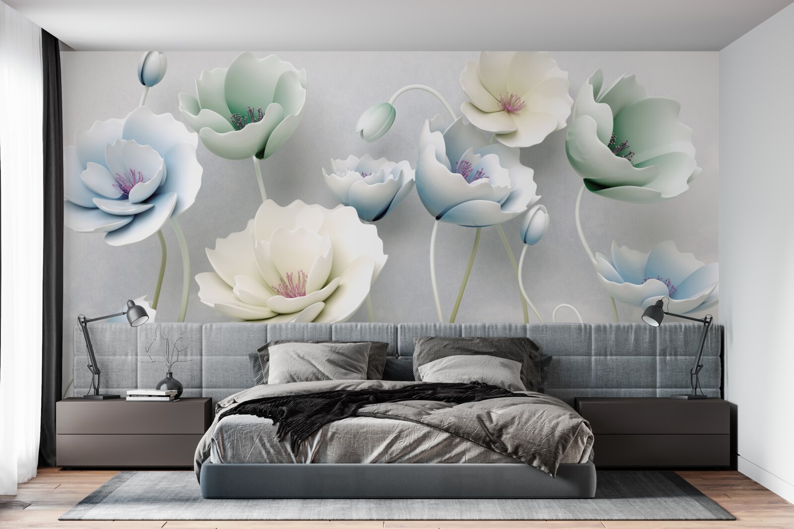 Фотошпалери краплі води на струнких маках різних відтінків