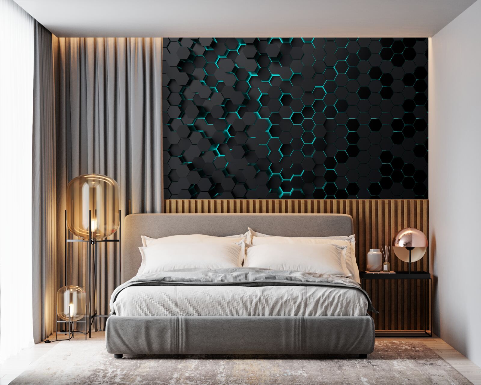 Фотошпалери неонові чорні стільники