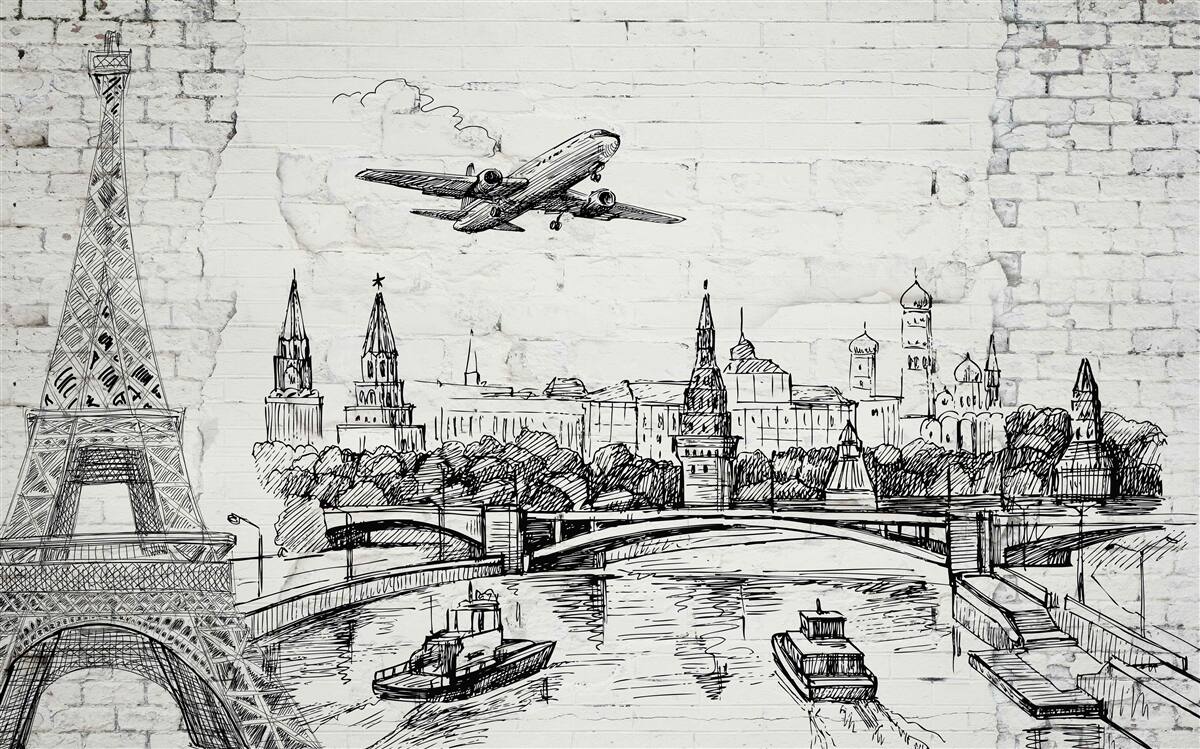 Фотошпалери чорно-біле місто, збудоване з білої цегли
