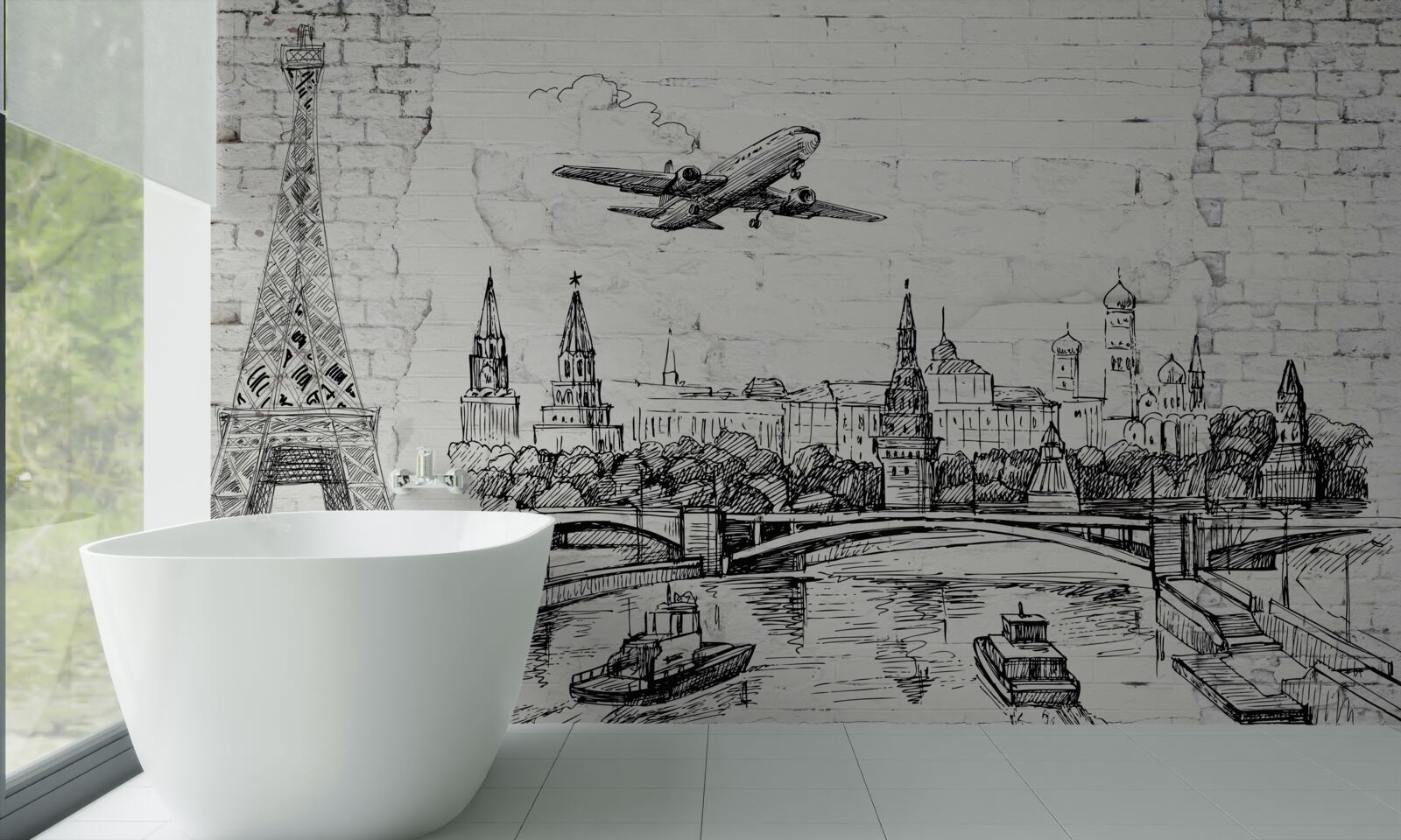 Fototapeta miasto w czerni i bieli, zbudowane z białych cegieł