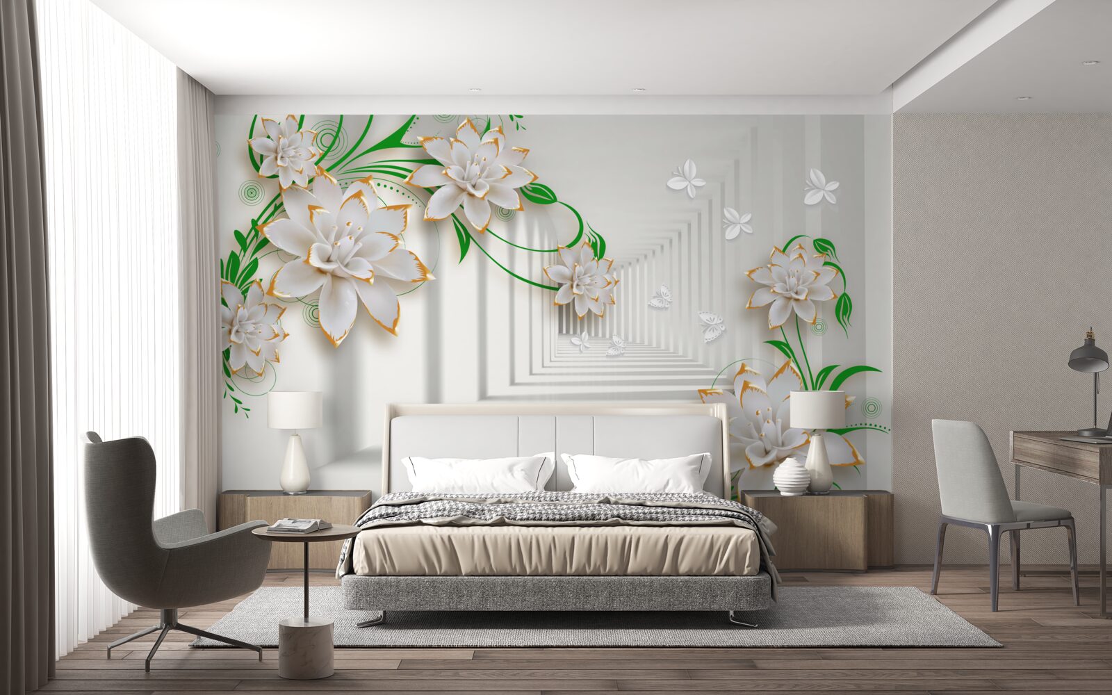 Фотошпалери абстрактний тунель, прикрашений зеленим листям і білим лотосом