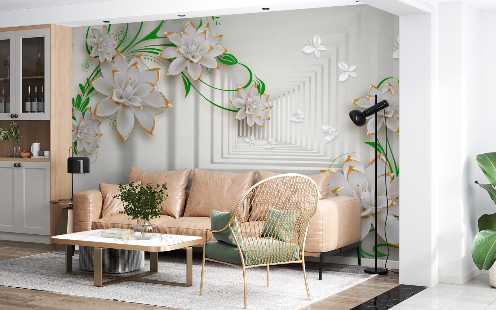 Фотошпалери абстрактний тунель, прикрашений зеленим листям і білим лотосом