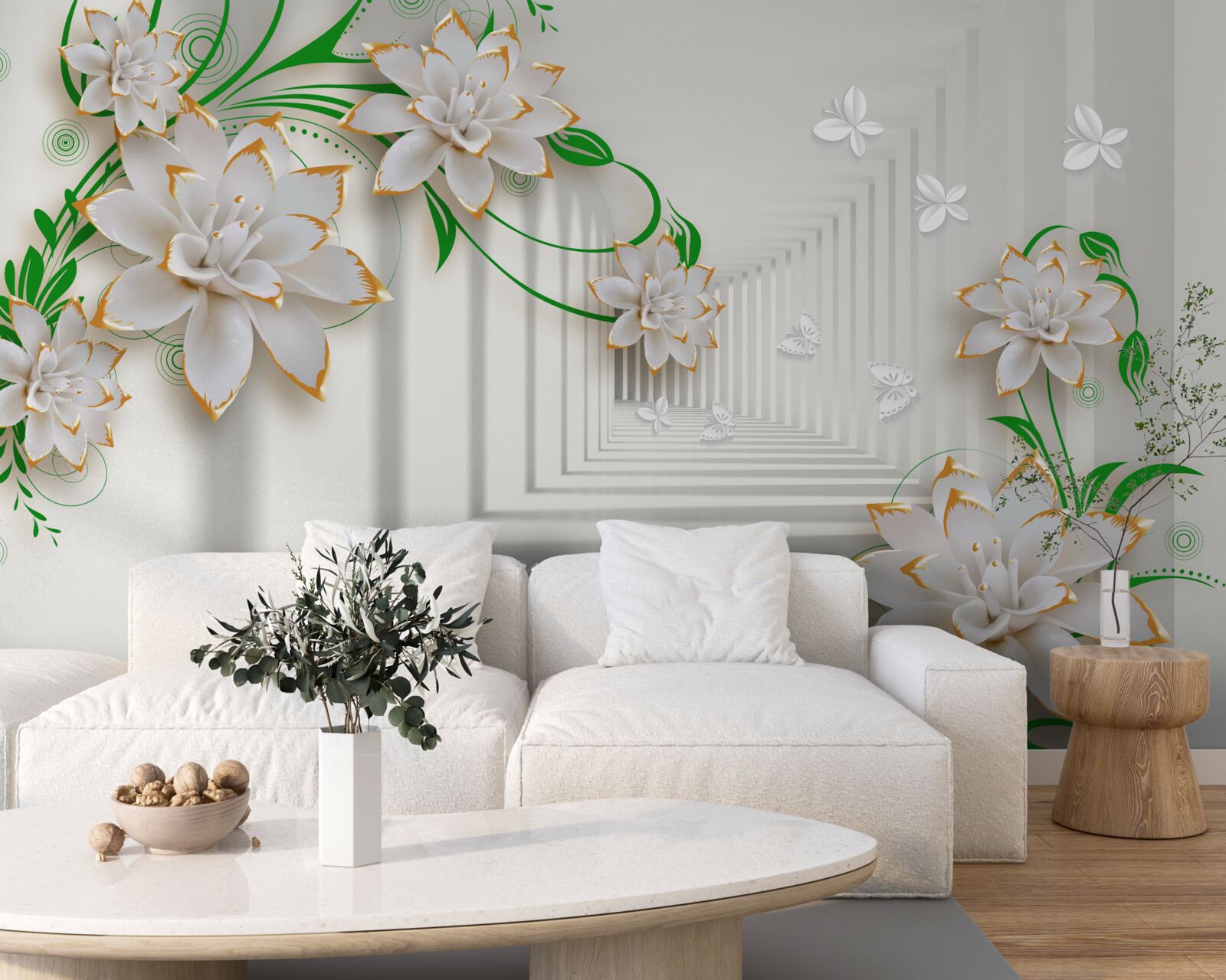 Фотошпалери абстрактний тунель, прикрашений зеленим листям і білим лотосом