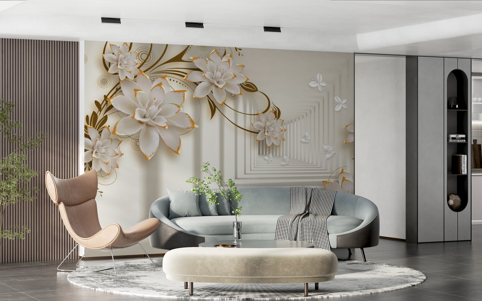 Фотошпалери колонада в білосніжному кольорі і квіткові гілки, виставлені у всій красі