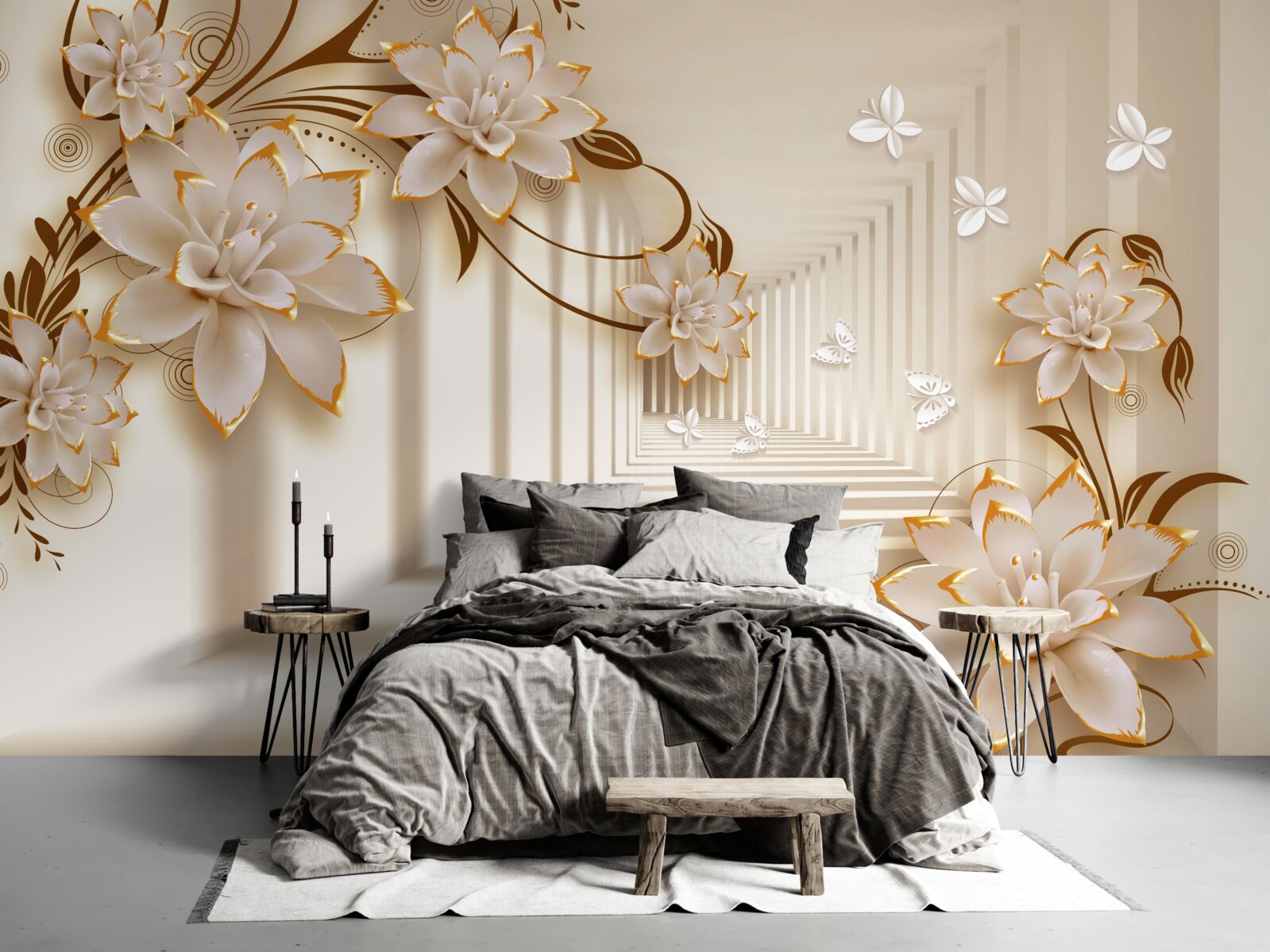 Фотошпалери колони та квіти створюють нереальний тунель