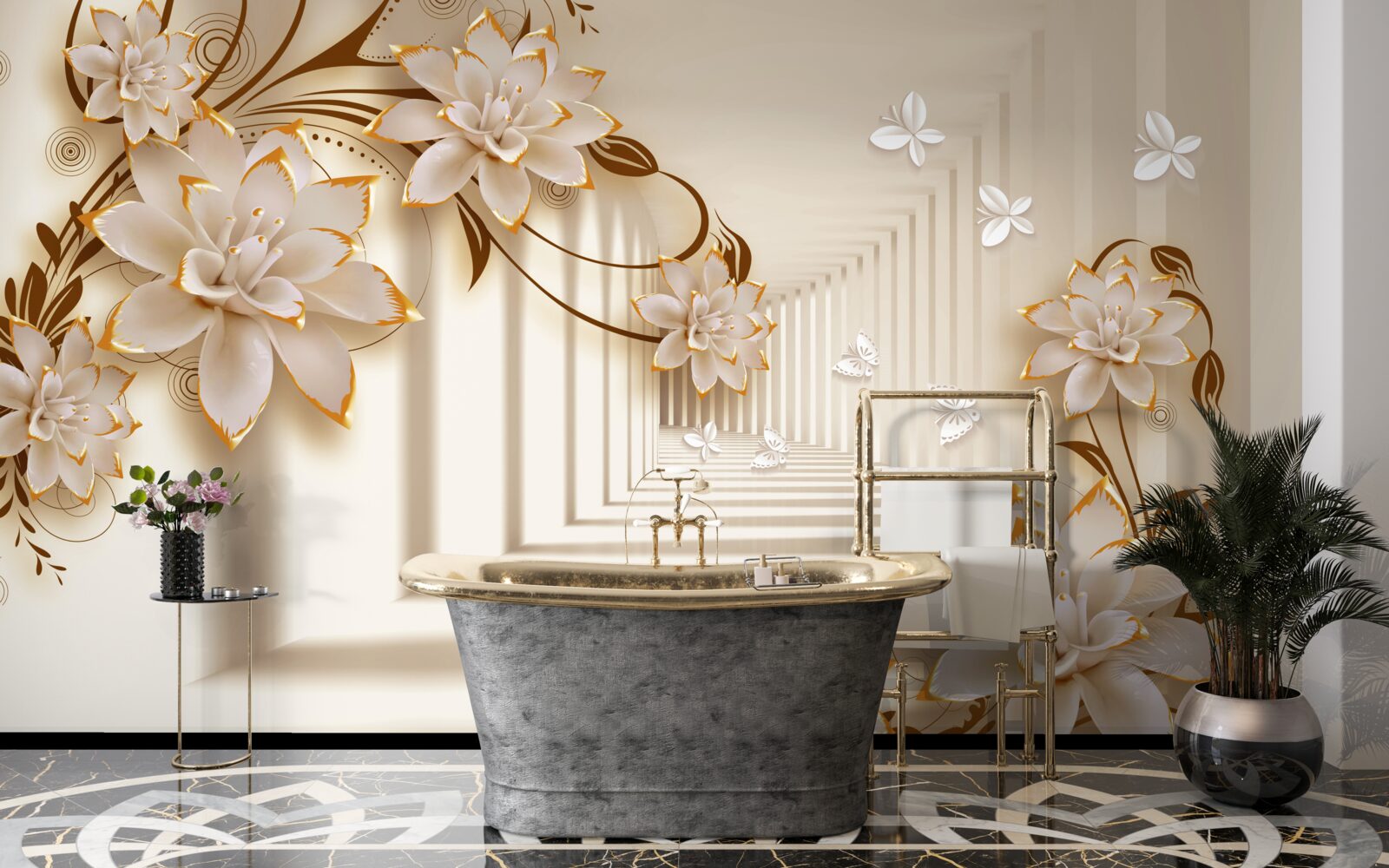 Фотошпалери колони та квіти створюють нереальний тунель