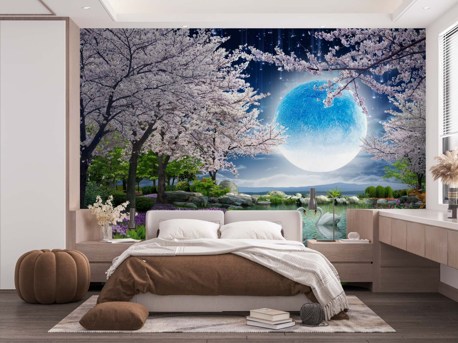 Фотошпалери місяць висить над лебедями