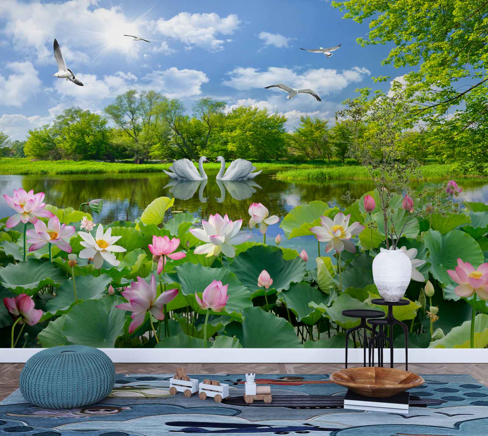 Фотошпалери ліс біля води та літні квіти