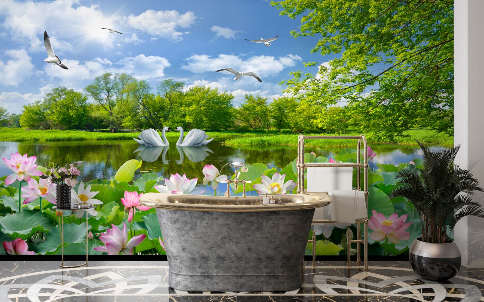 Фотошпалери ліс біля води та літні квіти