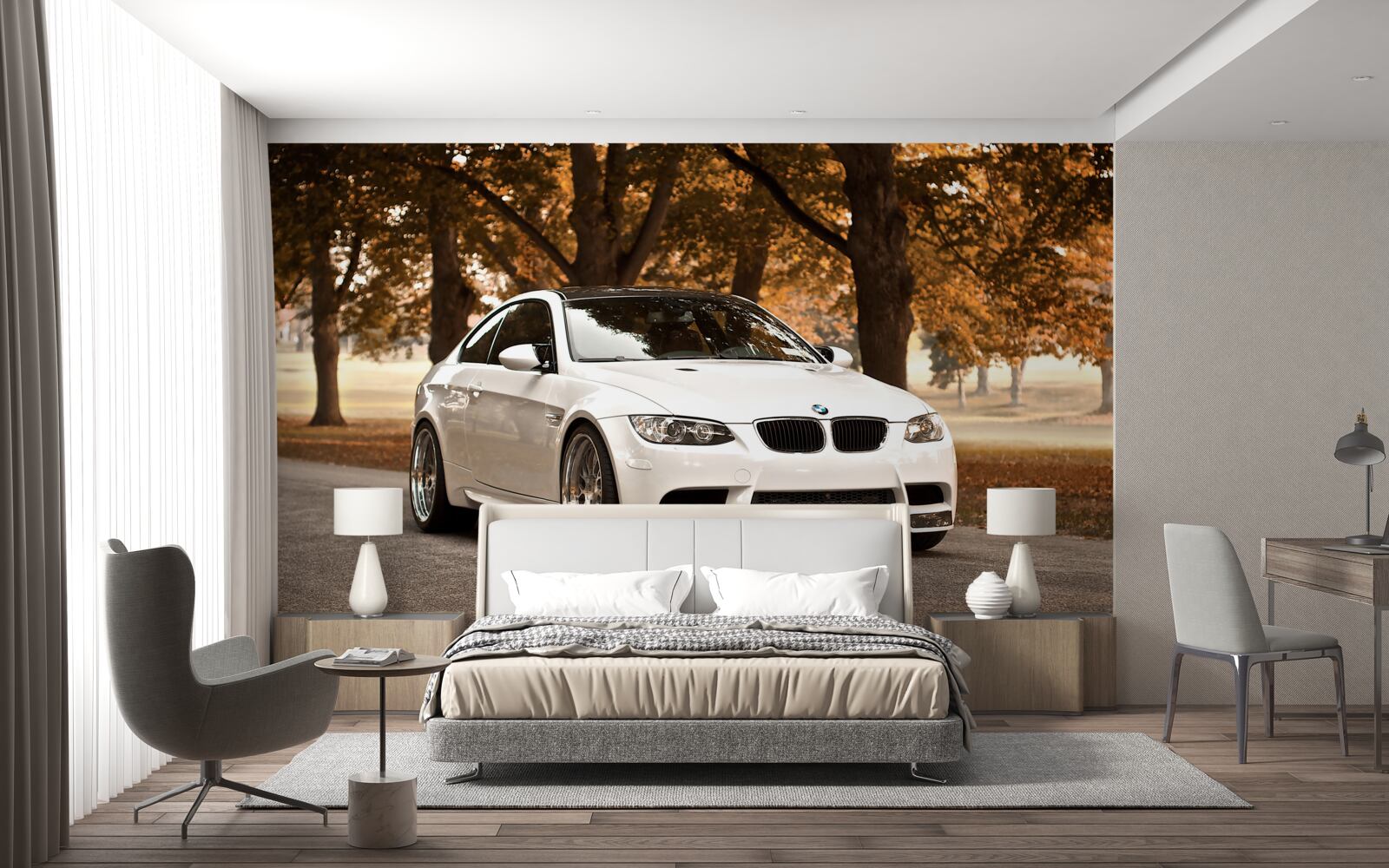 Фотошпалери восени по дорозі їде білий bmw